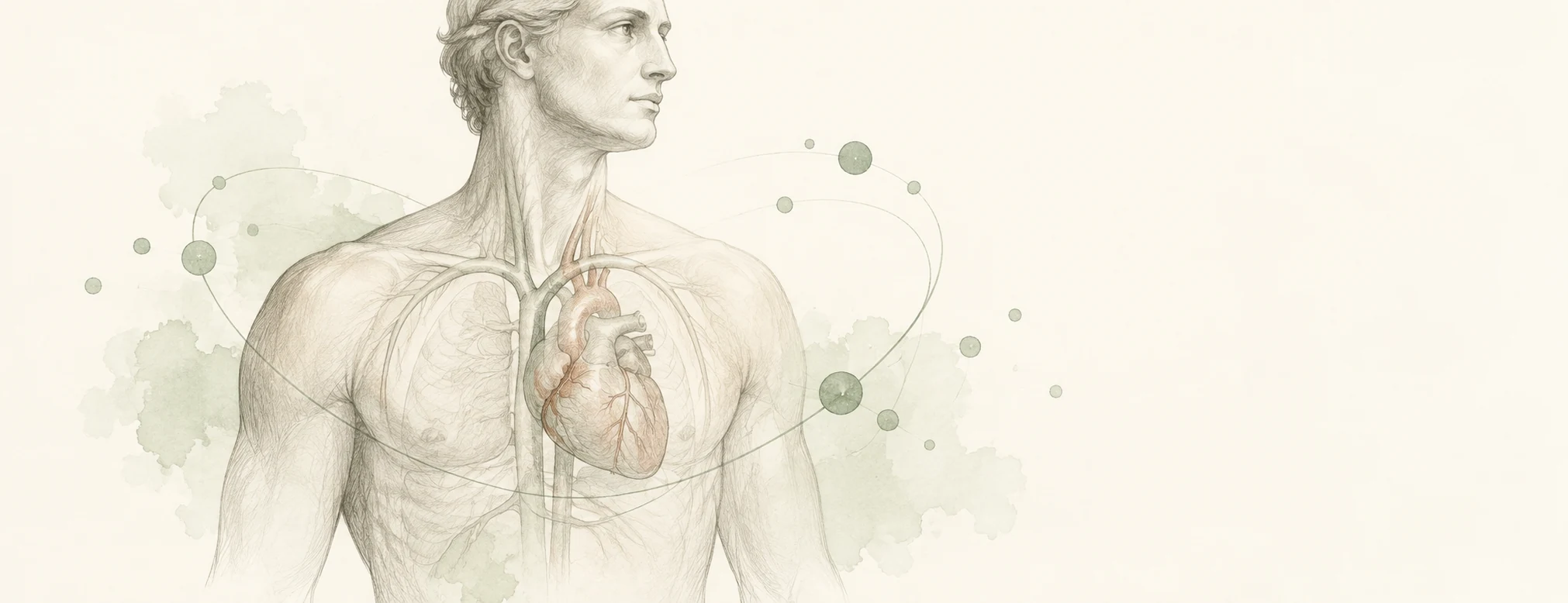 Conceptual anatomical illustration with muted sage molecular orbits