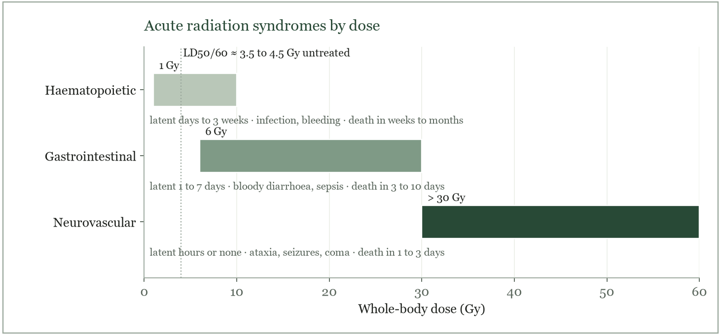 The three acute radiation syndromes by whole-body dose, with their latent periods, main features and time to death if untreated.