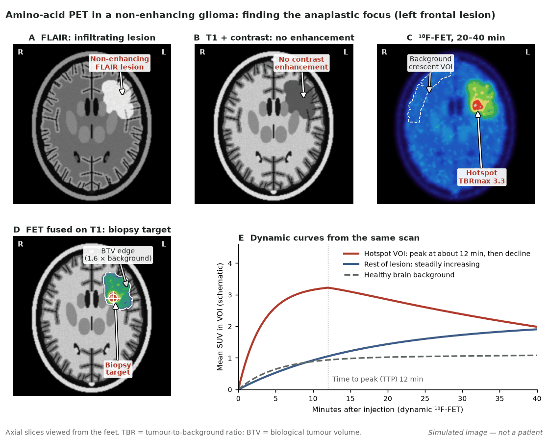 Simulated images. A non-enhancing left frontal glioma (A, B) shows heterogeneous ¹⁸F-FET uptake (C) with a focal hotspot (TBRmax about 3.3 against a crescent-shaped background volume in the contralateral hemisphere). The fused image (D) outlines the biological tumour volume at 1.6 × background and marks the hotspot as the biopsy target. The dynamic curves (E) show an early peak with washout in the hotspot and a rising curve elsewhere in the lesion, the pattern that points to an anaplastic focus (after Albert et al., 2016, and Law et al., 2019).