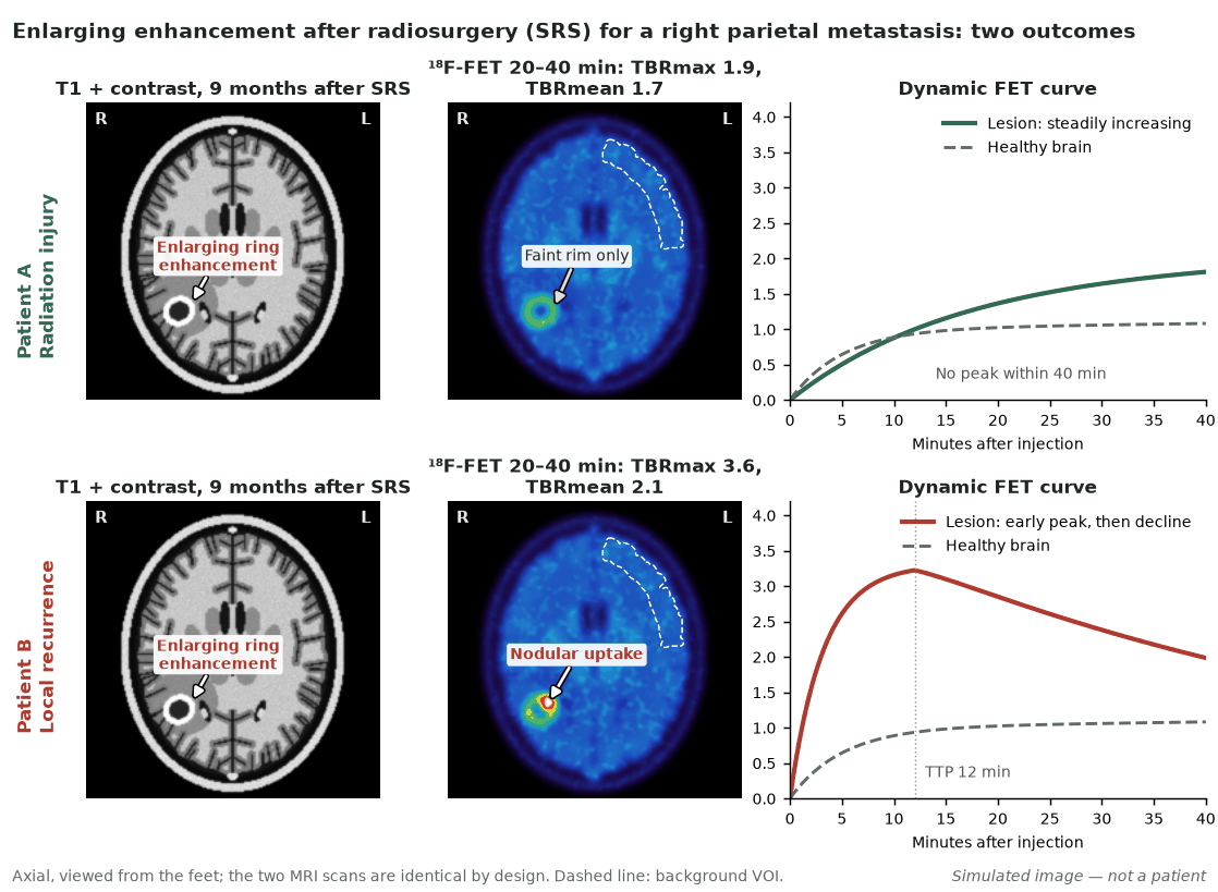 Simulated images. Two patients with the same enlarging ring enhancement 9 months after SRS for a right parietal metastasis. Patient A: faint rim uptake (TBRmax 1.9, TBRmean 1.7) and a steadily rising curve, favouring radiation injury. Patient B: nodular uptake (TBRmax 3.6, TBRmean 2.1) with an early peak at about 12 min and washout, favouring recurrence. The values lie within the group ranges reported by Ceccon et al. (2017).