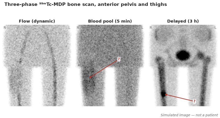 Three-phase ⁹⁹ᵐTc-MDP bone scan, anterior views of the pelvis and thighs: flow, blood pool at 5 min and delayed images at 3 h. Arrows mark the areas in question.