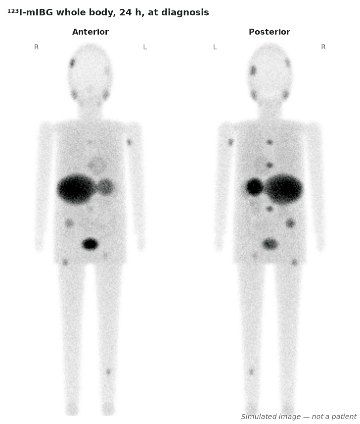 Simulated ¹²³I-mIBG anterior and posterior whole-body images at 24 h, at diagnosis.