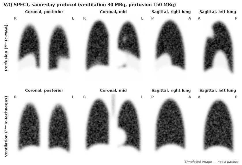 Same-day V/Q SPECT (ventilation 30 MBq ⁹⁹ᵐTc-Technegas, perfusion 150 MBq ⁹⁹ᵐTc-MAA): coronal and sagittal perfusion (top) and ventilation (bottom) slices.