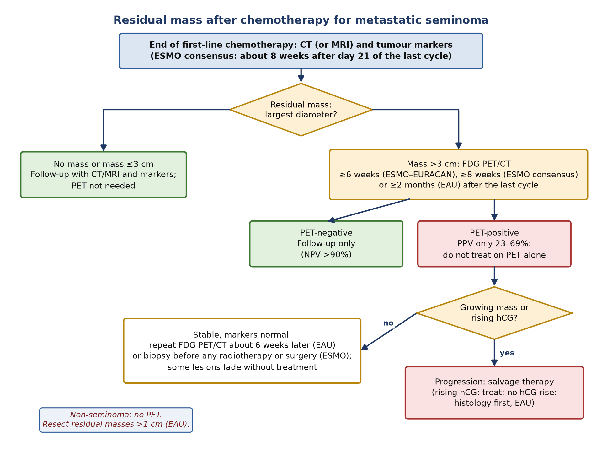 Management of a residual mass after chemotherapy for metastatic seminoma, combining ESMO–EURACAN 2022, the ESMO consensus conference (2018) and the EAU guideline. Non-seminoma masses follow a different, surgical path.