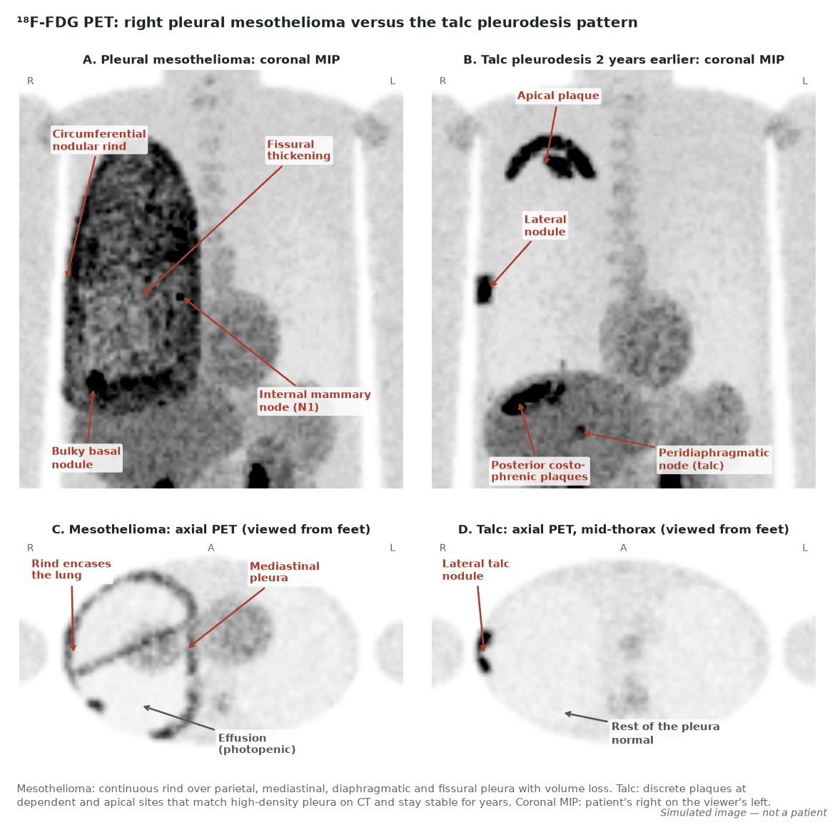 Simulated images: right pleural mesothelioma with a continuous nodular rind, fissural thickening, a bulky basal nodule and an avid internal mammary node (N1), compared with the pattern after talc pleurodesis: discrete apical, lateral and posterior costophrenic plaques and a small peridiaphragmatic node on the talc drainage pathway. Coronal MIPs show the patient's right on the viewer's left; axial slices are viewed from the feet.
