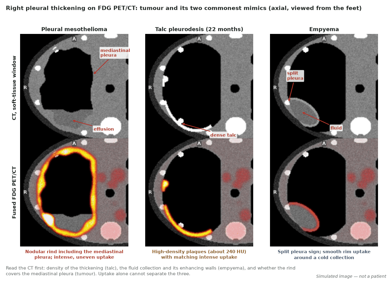 Simulated images: right pleural thickening from mesothelioma (nodular rind including the mediastinal pleura, with effusion), talc pleurodesis (dense plaques with matching uptake) and empyema (split pleura sign with smooth rim uptake). Axial slices viewed from the feet; soft-tissue CT window above, fused PET/CT below.