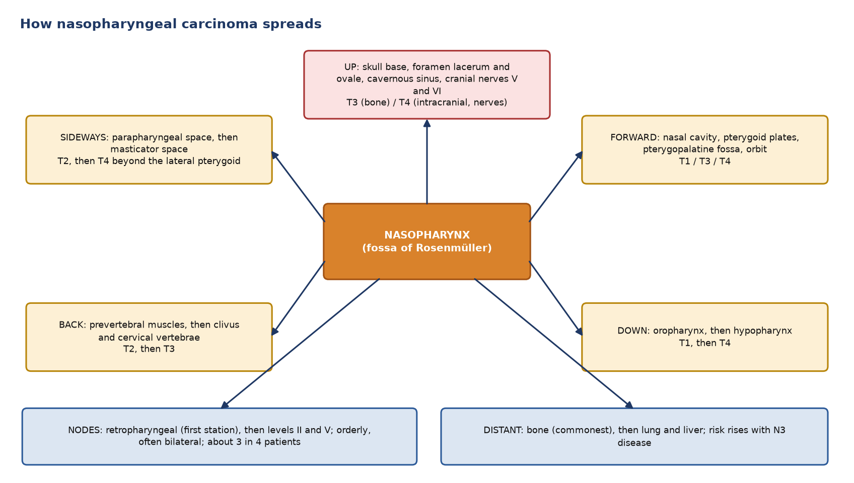 Directions of spread and the T stage each one implies, with the nodal and distant routes.