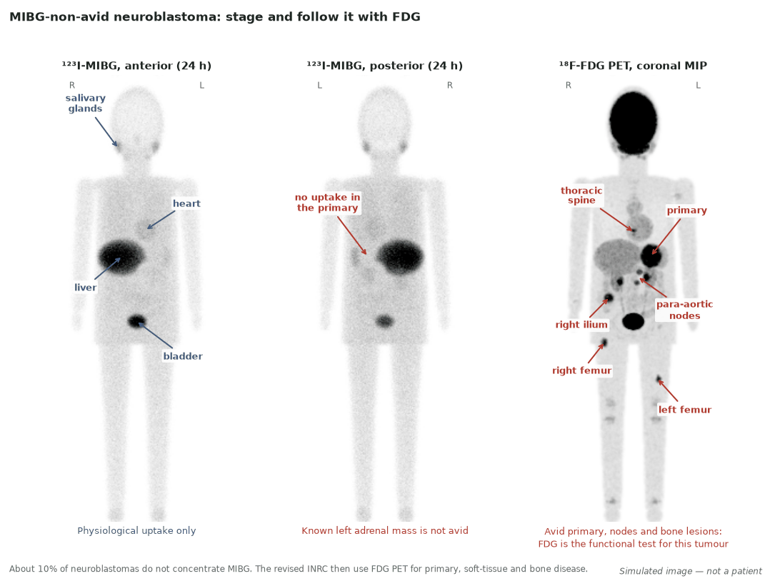 Simulated ¹²³I-MIBG (anterior and posterior) and FDG PET in MIBG-non-avid neuroblastoma: MIBG shows only physiological salivary, cardiac, hepatic, bowel and bladder activity; FDG shows the left adrenal primary, para-aortic nodes and bone metastases. Posterior views place the patient's left on the viewer's left.