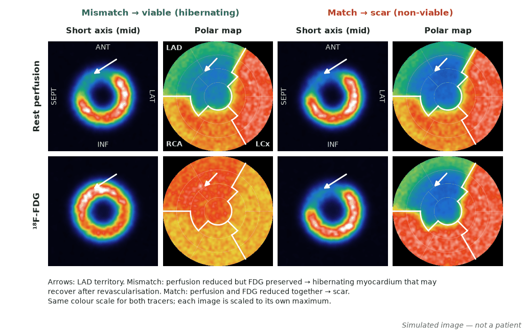 Simulated rest perfusion and FDG short-axis slices and polar maps: an anterior perfusion defect with preserved FDG uptake (mismatch) beside one with matching reduced FDG uptake (match).