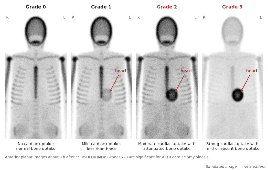 Four simulated anterior bone-tracer scintigrams showing Perugini grades 0 to 3, from no cardiac uptake to strong cardiac uptake with faint bone uptake.