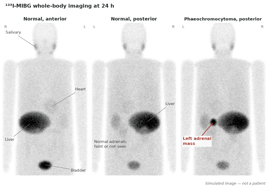 Three simulated MIBG planar images at 24 hours: a normal anterior view showing salivary glands, heart, liver and bladder, a normal posterior view in which the adrenals are barely seen, and a posterior view with an intense left adrenal mass from a phaeochromocytoma.