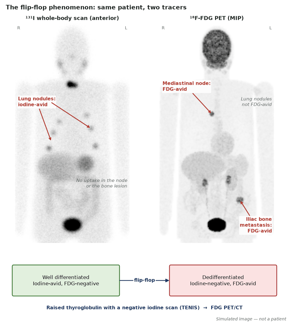 A simulated radioiodine whole-body scan showing iodine-avid lung nodules beside an FDG PET projection of the same patient in which the lung nodules are not seen but a mediastinal node and an iliac bone metastasis are FDG-avid, with a diagram of well-differentiated versus dedifferentiated behaviour.