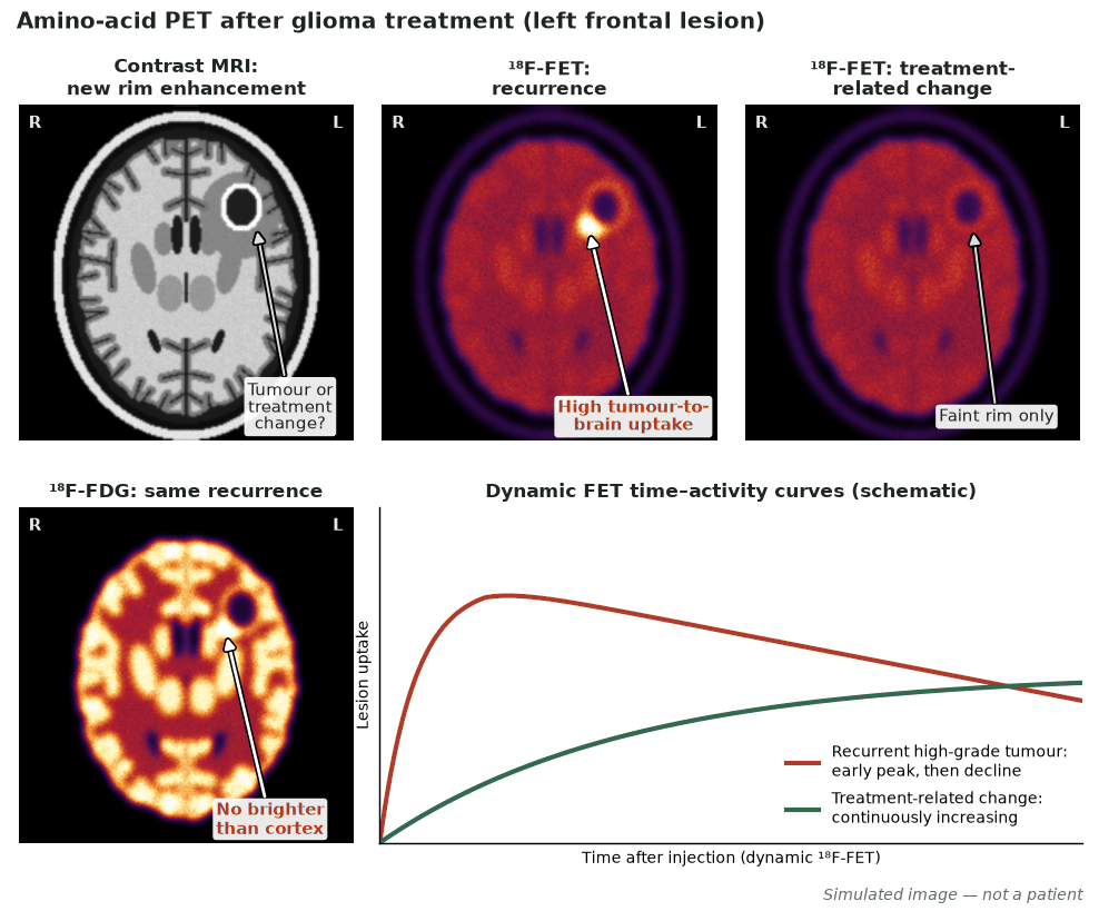 Simulated MRI, FET PET and FDG PET slices after treatment of a left frontal glioma, with schematic dynamic FET curves: recurrence shows intense FET uptake and an early-peaking, declining curve; treatment change shows a faint rim and a steadily rising curve; FDG uptake in the lesion is no higher than cortex.