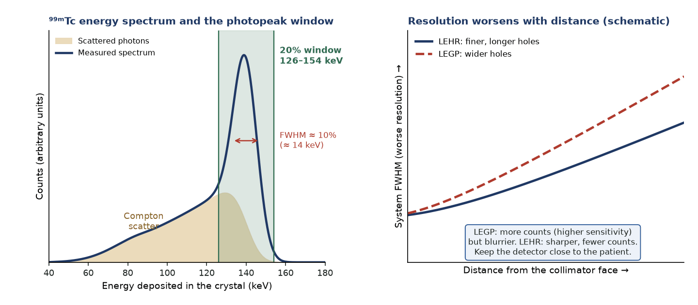 Plot of a technetium-99m energy spectrum with a 20% window from 126 to 154 keV around the 140 keV photopeak and a scatter continuum below it, and a schematic plot of worsening collimator resolution with distance for LEHR and LEGP collimators.