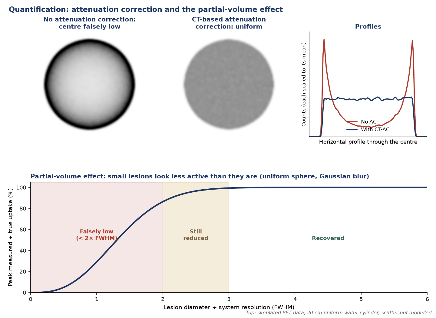 Simulated PET images of a uniform cylinder without and with CT-based attenuation correction, with profiles, and a curve of partial-volume recovery against lesion diameter divided by resolution.