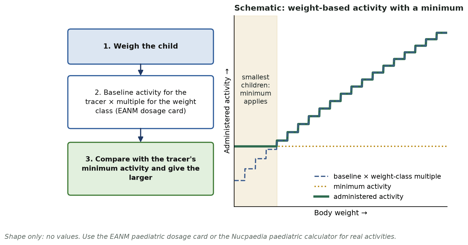 Three-step flow (weigh the child, multiply the tracer's baseline activity by the weight-class multiple, compare with the minimum activity and give the larger) beside a schematic graph in which activity rises in steps with weight but never falls below a minimum level for the smallest children.