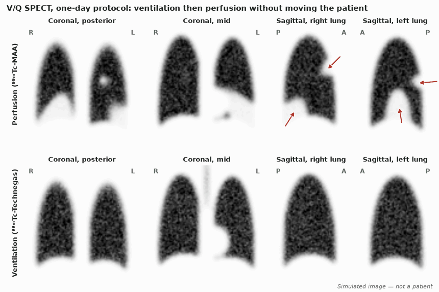 Simulated V/Q SPECT, coronal and sagittal slices. Perfusion row shows four wedge-shaped, pleural-based defects in both lower lobes and the right upper lobe; ventilation row is normal. Red arrows mark the defects on the sagittal slices.
