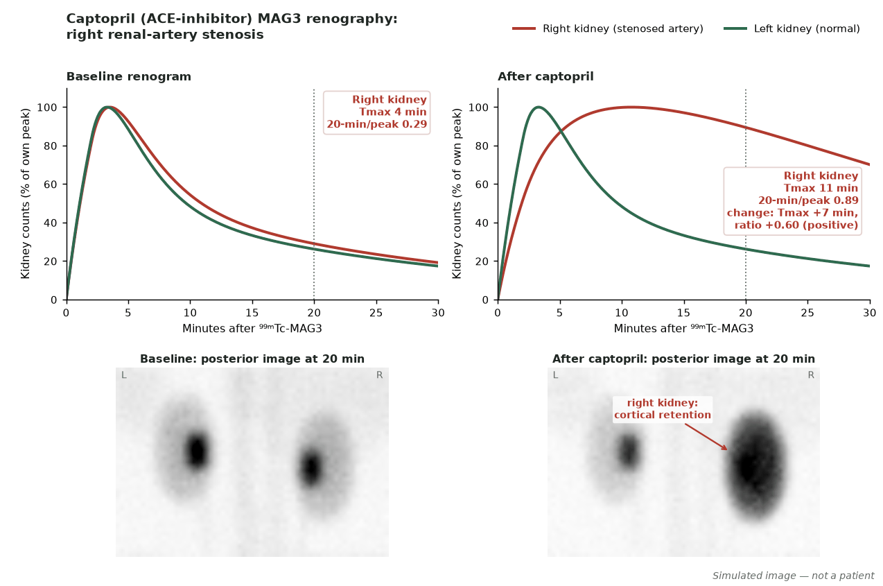 Simulated baseline and post-captopril MAG3 renograms and 20-minute posterior images: after captopril the right kidney peaks later and retains tracer in its cortex, while the left kidney is unchanged.