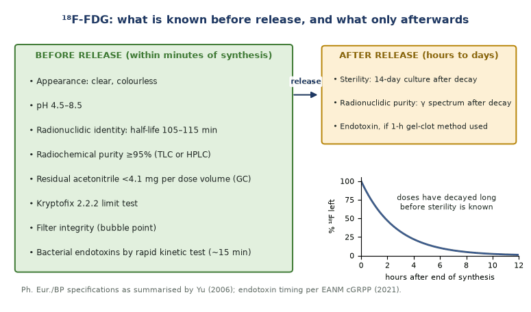 Timeline from end of synthesis showing FDG quality-control tests completed before release (appearance, pH, half-life, radiochemical purity, residual solvent, Kryptofix, filter integrity, endotoxin by rapid method) and tests completed after release (sterility over 14 days, full radionuclidic purity), with the product decaying over the same period.